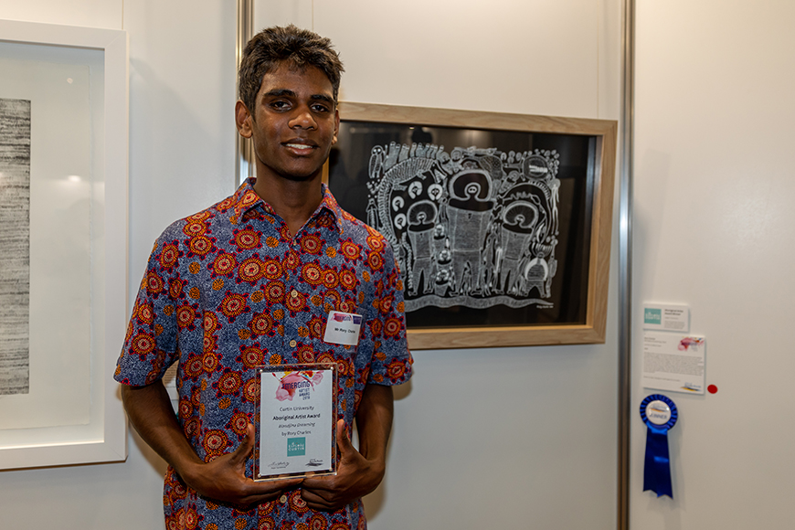 2019 Emerging Artist Award Aboriginal Artist Award winner Rory Charles with piece Wandjina Dreaming