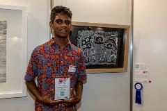 2019 Emerging Artist Award Aboriginal Artist Award winner Rory Charles with piece Wandjina Dreaming