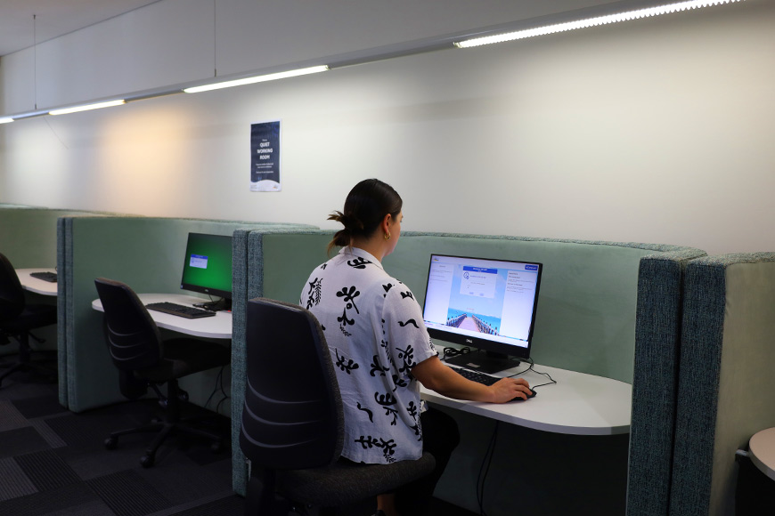 Woman looking at computer in new quiet room at South Perth Library