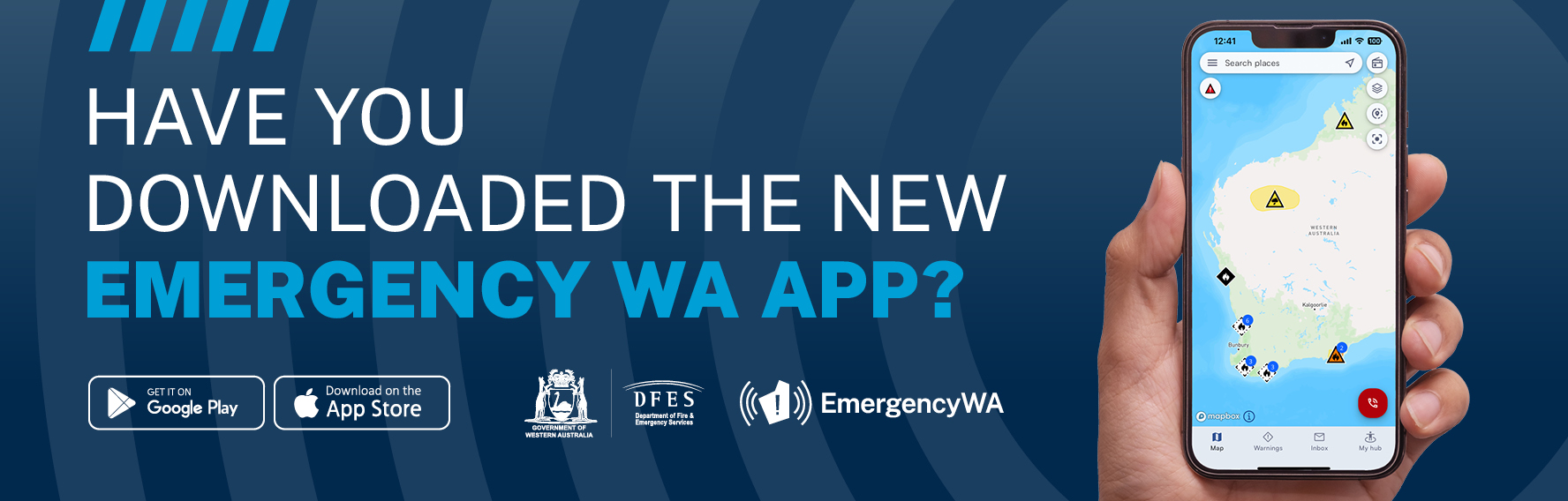 Blue graphic with mobile phone showing a map of WA and text reading 'have you downloaded the new emergency wa app?'