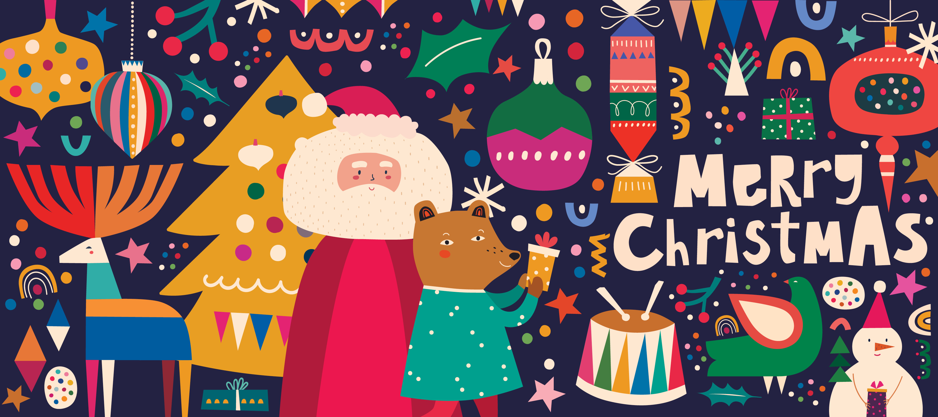 2023_LibraryChristmas_WebCarousel_870x387px Collage of Christmas illustrations including Santa Reindeers Snowman decorations and the words Merry Christmas