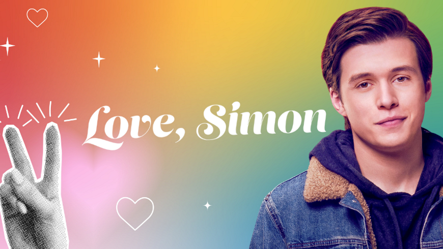 MaincharacterSimonfrommovieLoveSimonwearsadenimjacketsuperimposedonarainbowgradientbackground