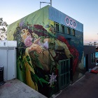 A wall mural of a woman covering two walls with florals in her hair and around her body.
