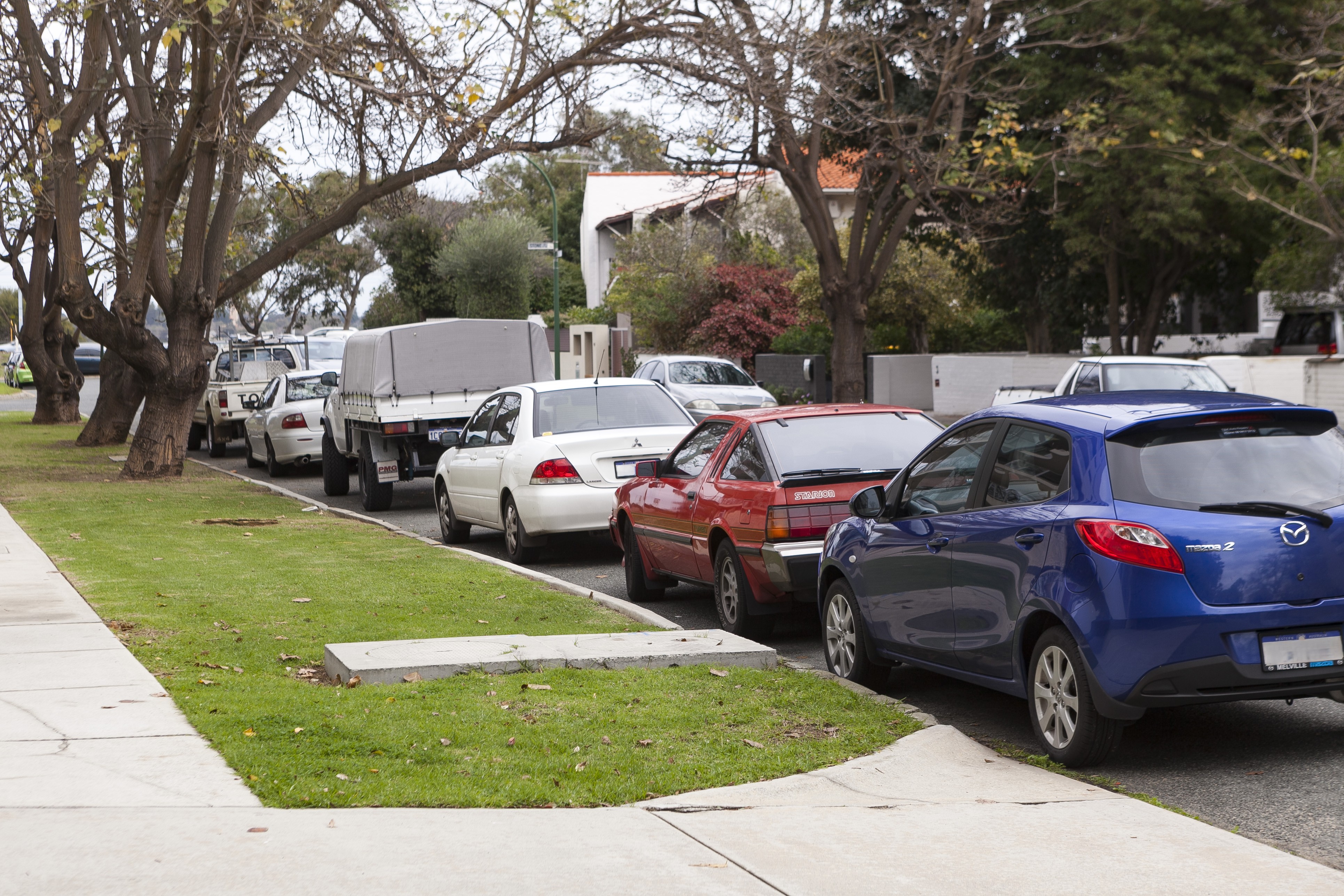 Cars parked in a line on the street
