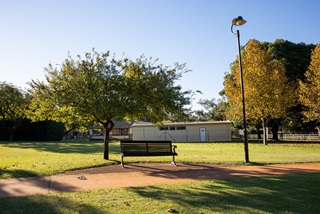 Park bench in park with footpath