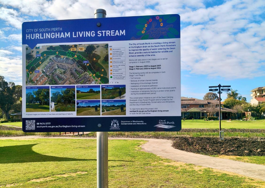 The Hurlingham Living Stream sign, with information about the project