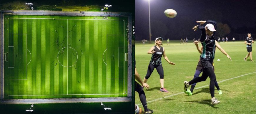 Photo of women playing football at night time.