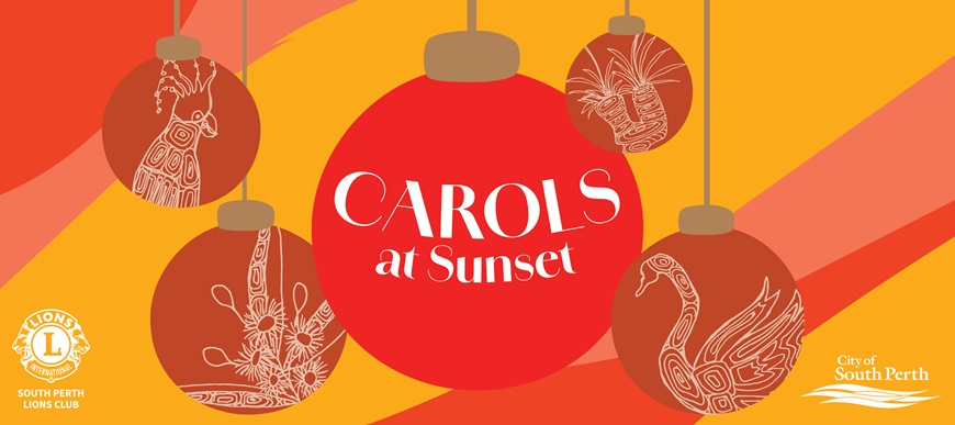 carolsatsunsettextandredandbrownbaubleswithchristmasdesignsonthem