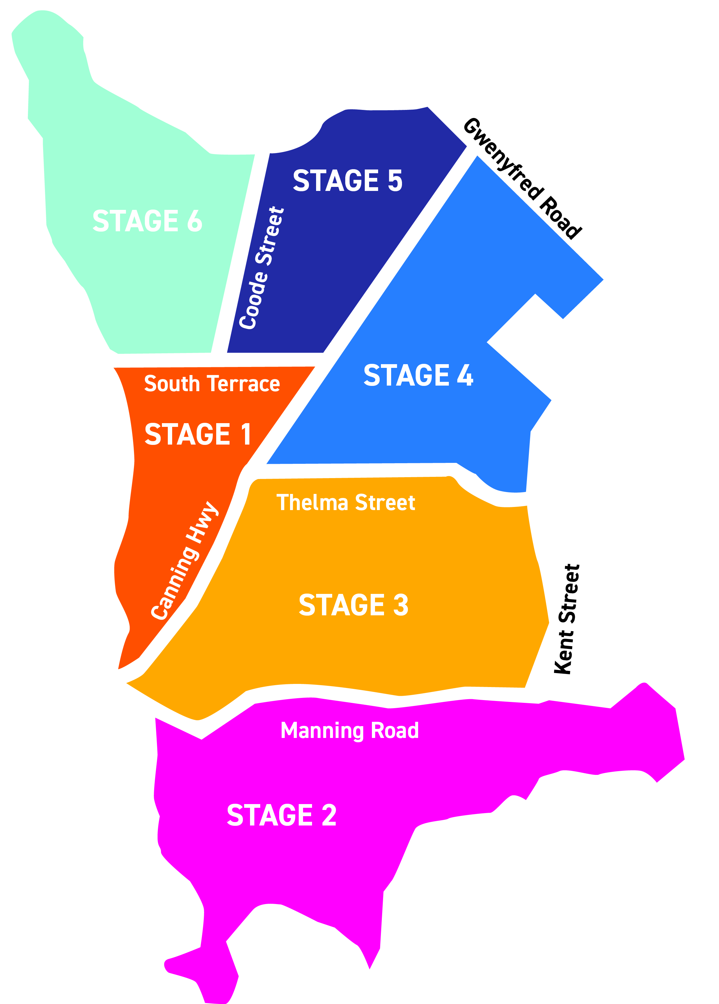 map showing stages 1 through 6 in different colours to indicate street tree pruning schedule for city of south perth