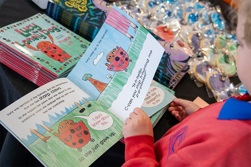 A child reading through a colourful picture book.