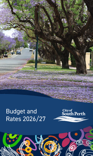 Front cover of the Budget and Rates 2026/26 brochure showing a suburban street with jacarandas in bloom.