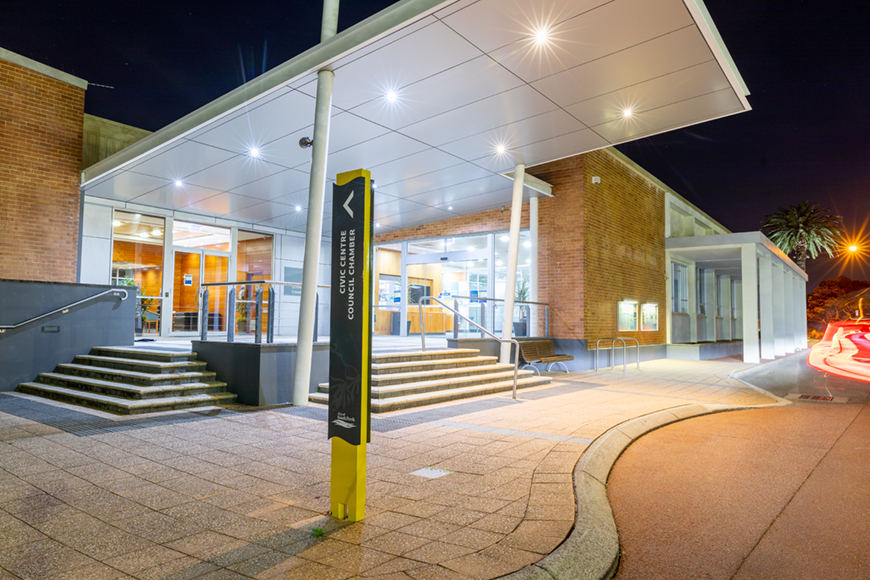 Civic centre front elevation night shot