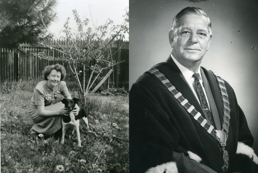 Black and white image of a woman with a dog and a former Mayor of South Perth.