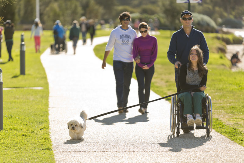Person in wheelchair, dog and other people walking on footpath