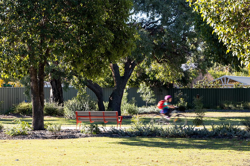 Green grass and trees with a park bench and cyclist