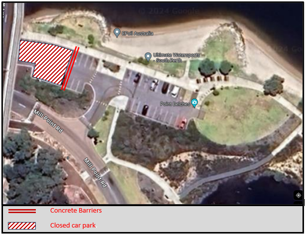 Map showing Millers Pool car park closure in South Perth