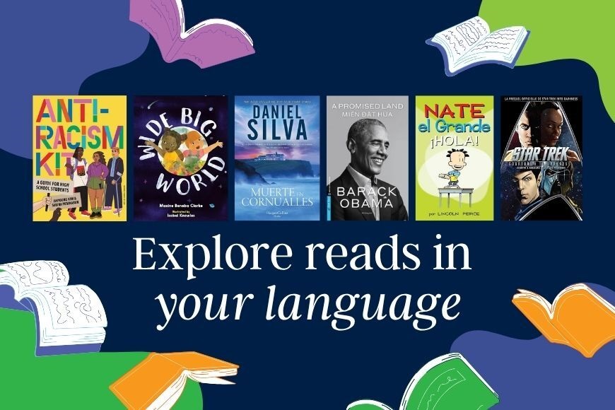 GraphicwithseveralbooktitlesandthecaptionExplorereadsinyourlanguage
