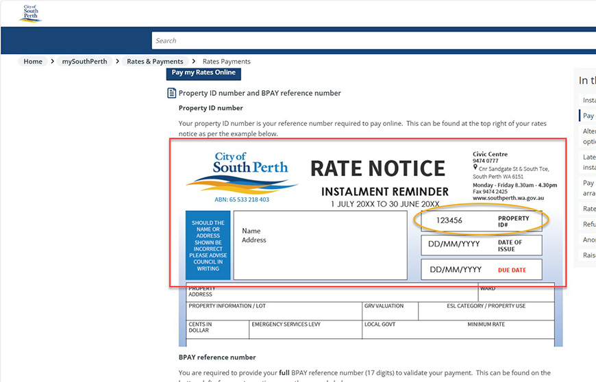 A picture of a rates notice, with property ID information highlighted