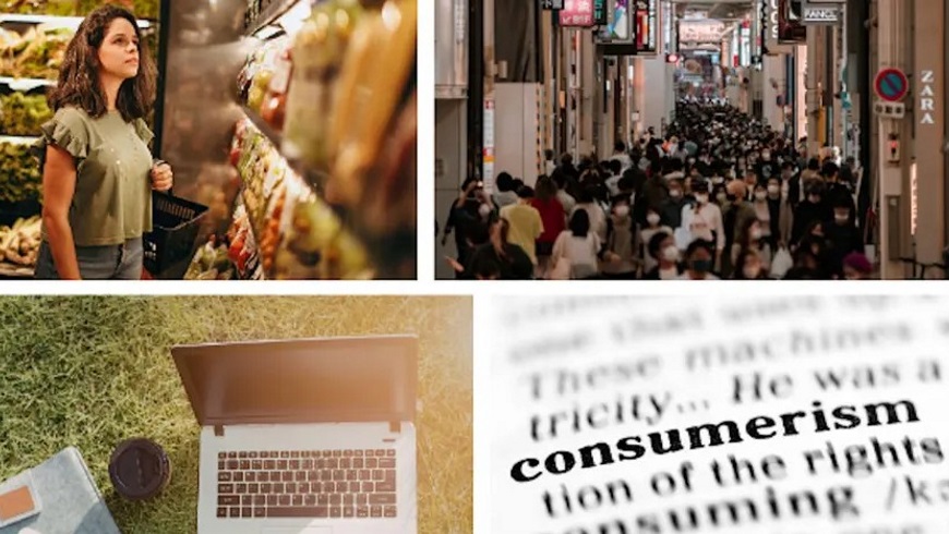 Acollagerepresentingconsumerismfeaturingpeopleshoppingasupermarketsceneonlineshoppingonalaptopandthewordconsumerism