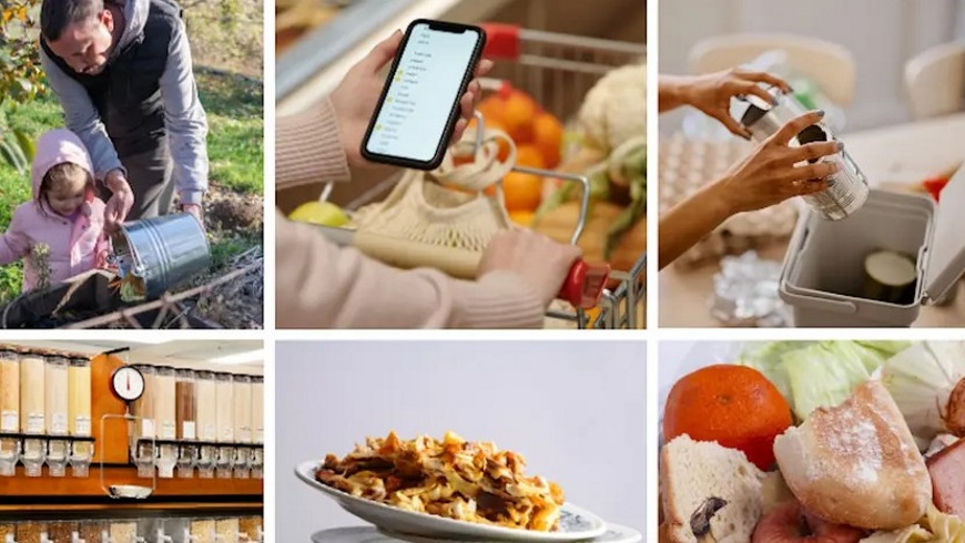 Acollageshowingreducingfoodwasteincludingcompostingunbaggedseedshealthymealsandashoppinglist