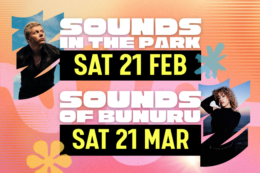 A colourful poster with two people on it that says Sounds in the Park and Sounds of Bunuru
