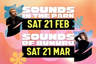 AcolourfulposterwithtwopeopleonitthatsaysSoundsintheParkandSoundsofBunuru