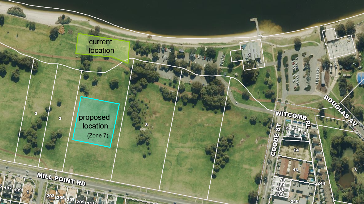 Map of foreshore showing proposed and current location of Streets, adjacent to Mill Point Road.
