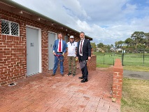 The City of South Perth Mayor, South Perth MLA Geoff Baker with South Perth Lawns Tennis Club Nigel McCombe at the new toilet facility.