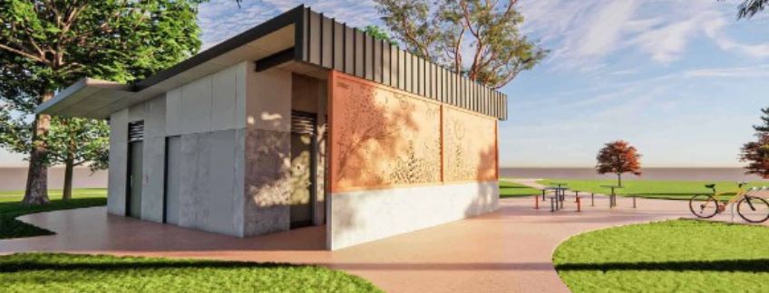 A rendered image of the new public toilets and Changing Places facility at Neil McDougal Park