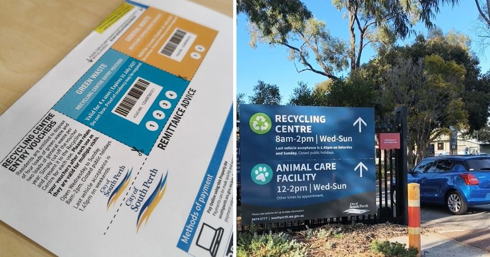 L-R: Close-up of Recycling Centre entry vouchers; a car entering the Recycling Centre.