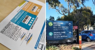 L-R: Close-up of Recycling Centre entry vouchers; a car entering the Recycling Centre.