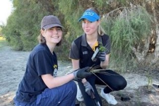 Twoyoungvolunteerskneelingandholdingseedlings