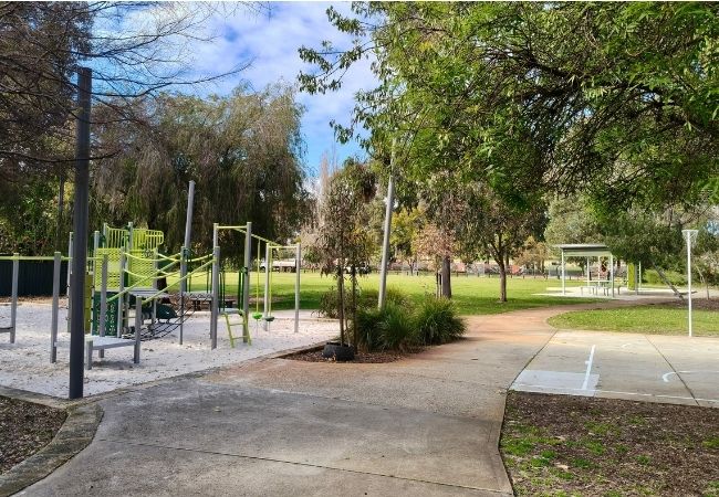 The view of the Hope Avenue Reserve play space from the path