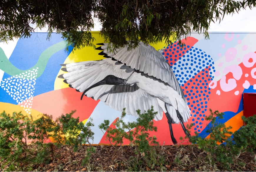 A wall mural of an ibis with a background of abstract colours and patterns