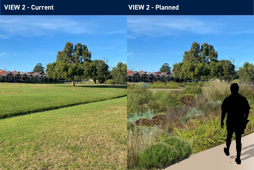 A current view of the stormwater channel at the South Perth Foreshore next to a rendered image of the Hurlingham Living Stream Project