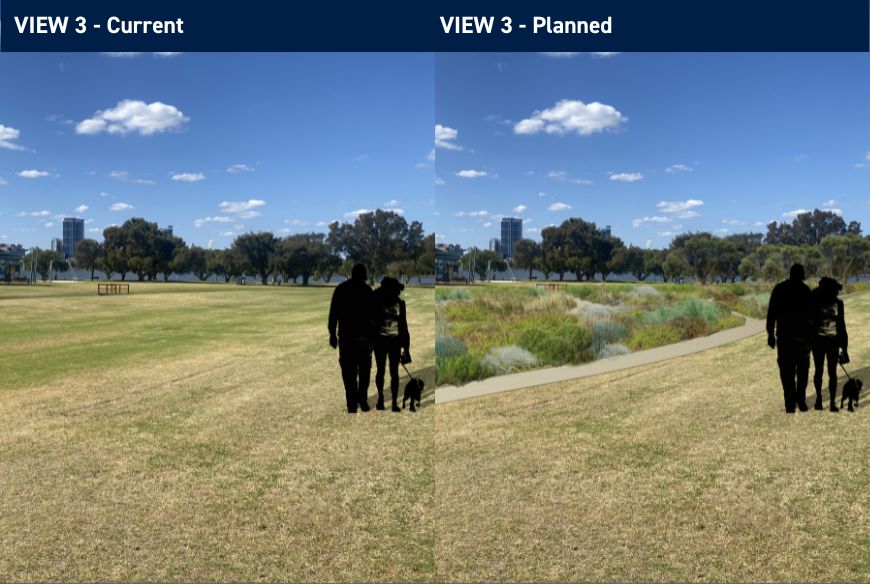 A current view of the stormwater channel at the South Perth Foreshore next to a rendered image of the Hurlingham Living Stream Project