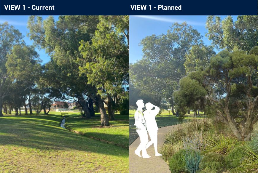 A current view of the stormwater channel at the South Perth Foreshore next to a rendered image of the Hurlingham Living Stream Project