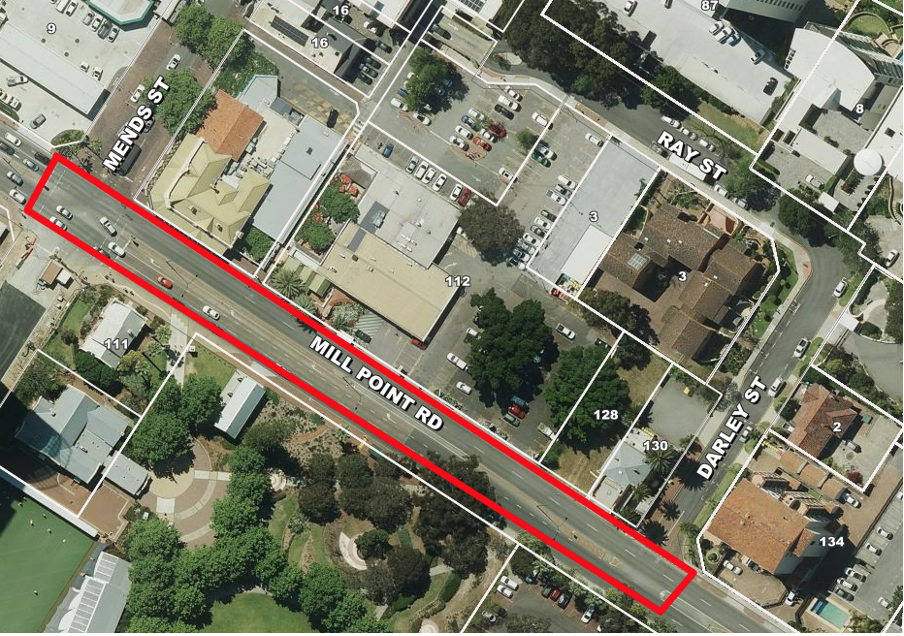 Project map showing the road works location at Mill Point Road between Mends Street to Darley Street